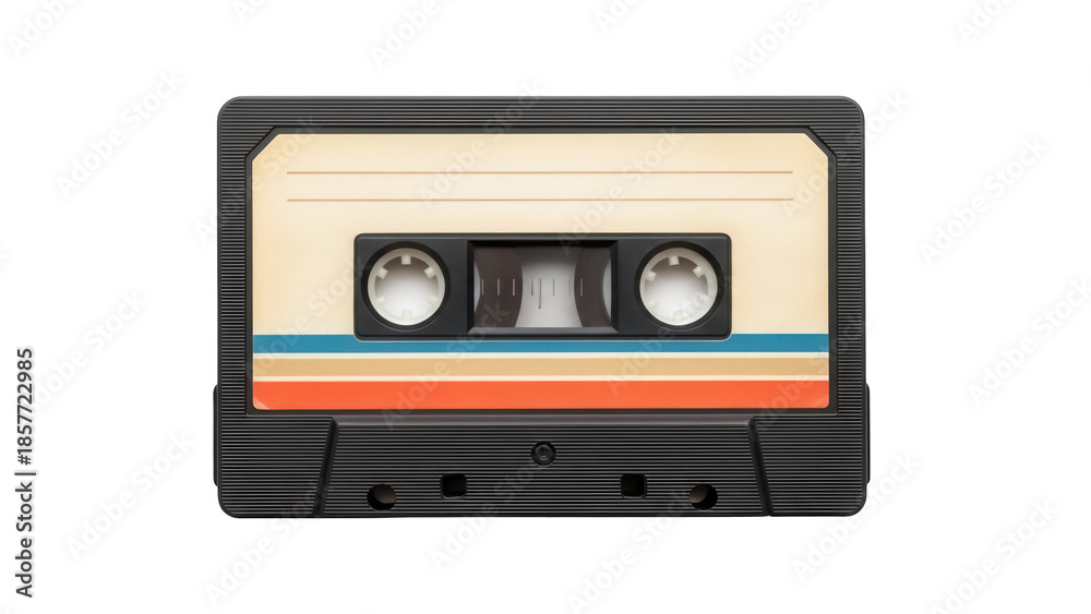 Fototapeta premium Retro audio cassette tape isolated PNG, vintage music recording technology for 1980s and 1990s nostalgia themes