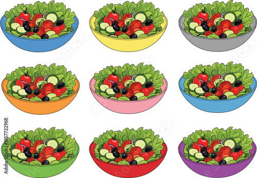 Set of fresh garden salad bowl vector illustrations in multiple colorful bowls featuring lettuce, tomatoes, cucumbers, and olives for healthy food design.