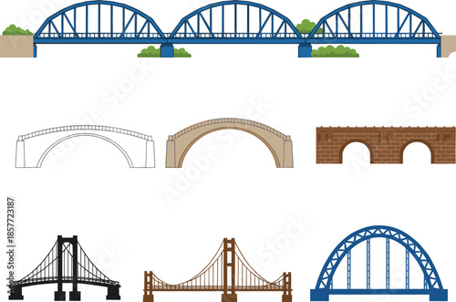 Bridge collection set with various architectural styles including suspension arched and stone brick bridges isolated on white background for engineering design projects.