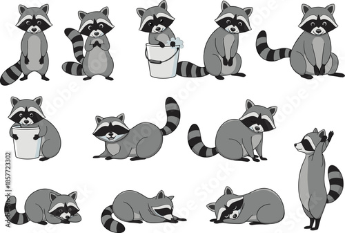 Cute raccoon character collection set with funny forest animal mascots in different poses and actions isolated on white background for children design.