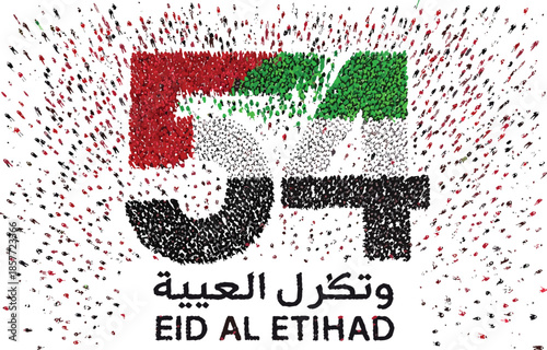 UAE National Day celebration vector with number 54 formed by flag colored particles for Eid Al Etihad holiday design concept.