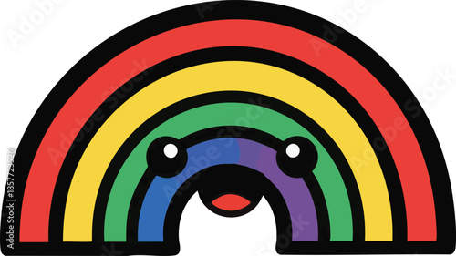 Colorful Rainbow with Smiling Face and Cloud Base, Kawaii Weather Illustration