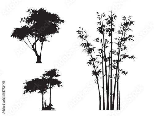 A beautiful collection of four elegant black bamboo grove silhouette vector icons