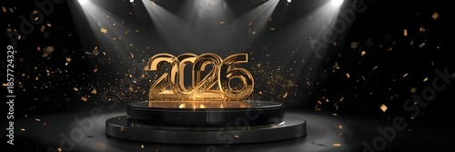 Golden 2026 Happy New Year Text on Luxury Stage with Spotlights and Falling Confetti Background
