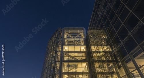 Illuminated modern office buildings rise against the deep blue night sky
