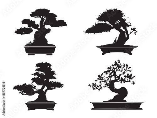 A simple and elegant set of four solid black bonsai tree silhouette icons