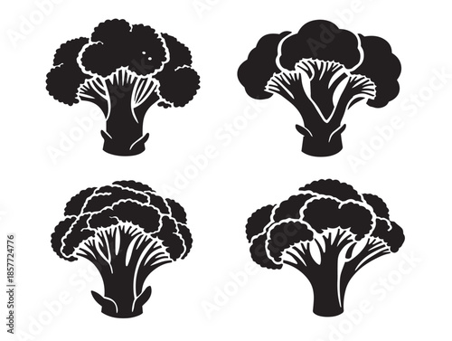 A gorgeous set of four elegant black broccoli vegetable silhouette vector icons