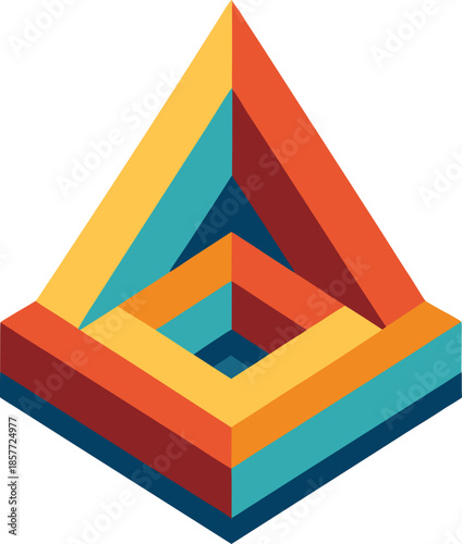 Geometric abstraction featuring nested triangular layers in warm and cool tones