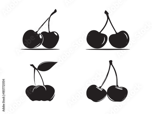 A gorgeous set of four lovely black cherry with stem silhouette icons
