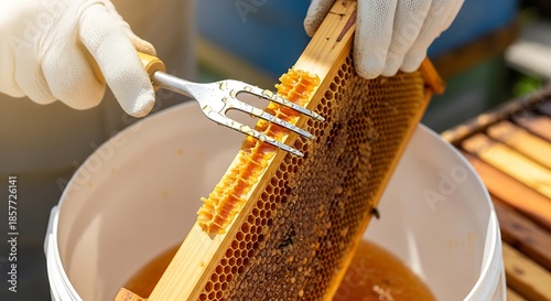 Beekeeper uncaps honey frame with a fork over a white bucket.
