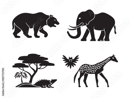 A dynamic set of four stunning black dense jungle silhouette illustrations