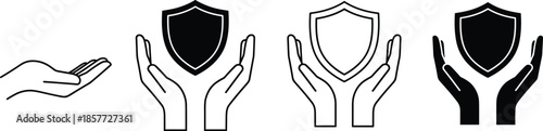 Vector set of hand holding shield icons representing safety security insurance protection and care in black and white flat styles.