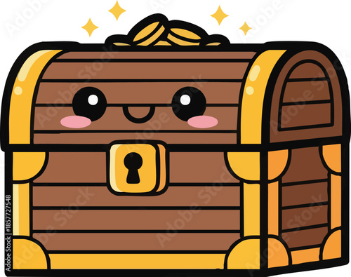 Cute Wooden Treasure Chest with Happy Eyes and Gold Coins, Kawaii Adventure Symbol
