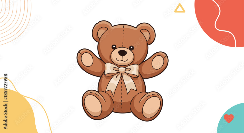 Fototapeta premium Cute brown teddy bear character with a beige bow, sitting with open arms against a white background with abstract shapes.