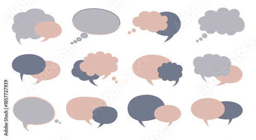 Collection of overlapping speech and thought bubbles in muted, textured shades of gray and dusty pink for communication concepts.