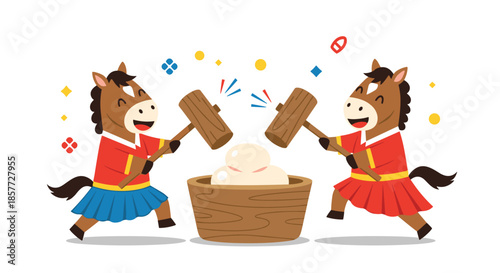 Festive illustration of two cute horses in traditional Japanese outfits making mochi together for a New Year's celebration.