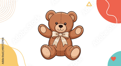 Cute brown teddy bear character with a beige bow, sitting with open arms against a white background with abstract shapes.