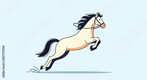 Dynamic cartoon illustration of a powerful horse jumping with energy against a solid light blue background in a simple style.