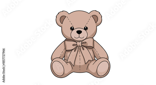 Classic brown teddy bear with stitched details and a large bow around its neck, sitting in a simple and cute cartoon style.