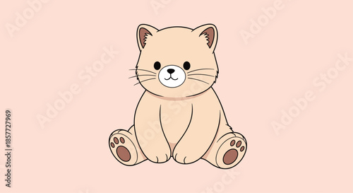 Adorable and simple cartoon cat or kitten sitting in a cute pose on a solid light pink background, looking forward sweetly.