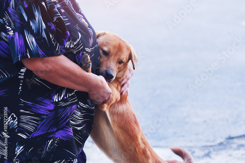 Fotografia A plump woman is seen affectionately cuddling a brown dog