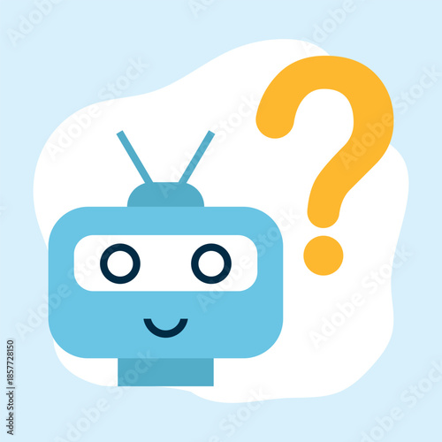 A friendly blue chatbot robot icon with antennae, smiling face, and a yellow question mark, symbolizing help, support, and AI assistance.