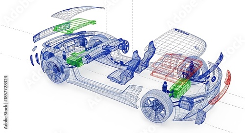 Exploded view schematic of an electric vehicle's internal components and structure.
