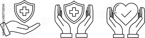 Vector set of hands holding medical shield and heart icons representing health insurance protection care and safety in line style.