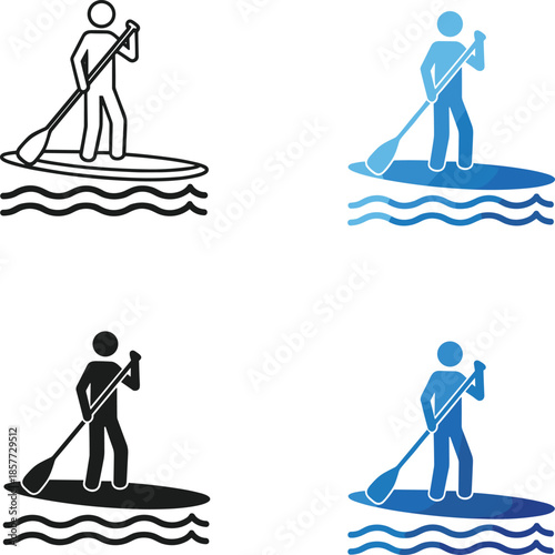 Vector set of stand up paddle boarding icons in silhouette and outline styles for summer water sport activity design elements.