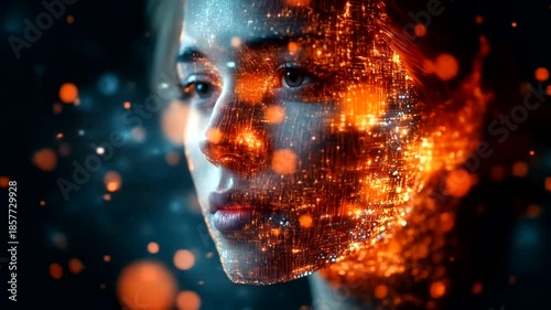 Digital Transformation of a Womans Face with Glowing Particles and Abstract Data.
