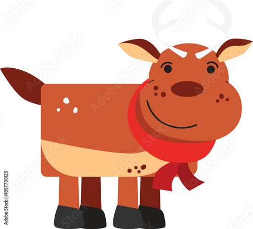 Funny cartoon reindeer with red scarf and white antlers illustration