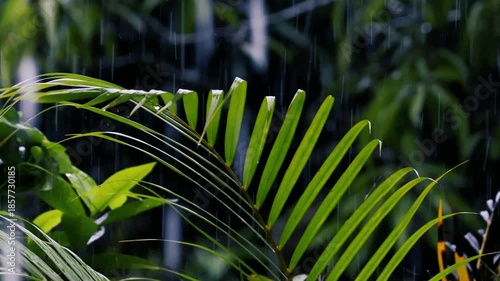 Rain falling on fresh green palm leaves with water droplets in a lush tropical garden close up