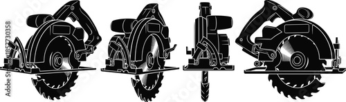 Set of professional circular saw silhouettes in multiple angles, industrial power tool illustration for construction, woodworking, and carpentry design use