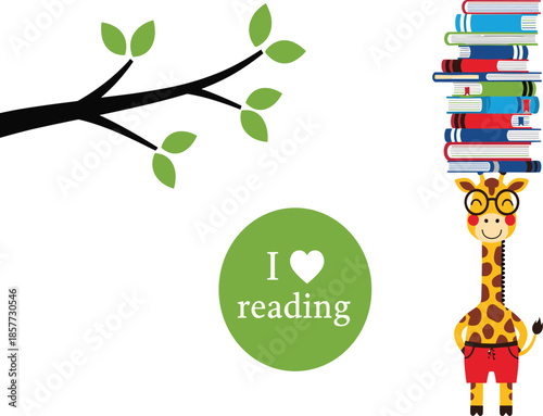 Cute cartoon giraffe with glasses carrying stack of books, I love reading illustration, educational concept, knowledge, school learning background