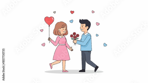 Couple walking together with hearts and flowers surrounding them