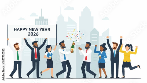 People celebrating New Year 2026 in a vibrant cityscape with joyful gestures and festive atmosphere