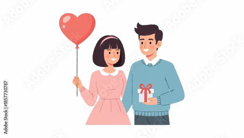 Couple celebrating love with gift and heart balloon outdoors