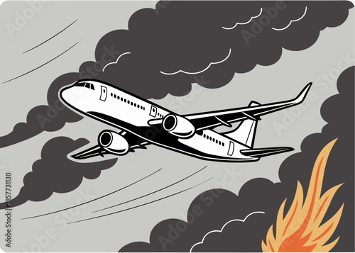 Airplane flying through dark smoke with flames