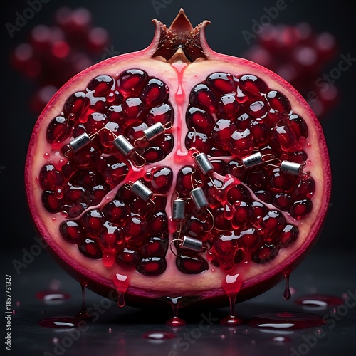 Pomegranate cut in half showing seeds and silver objects inside