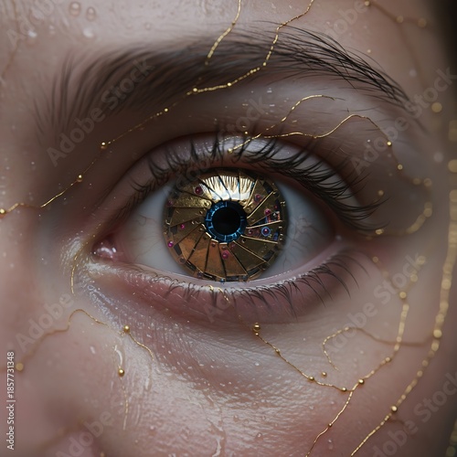Close-up view of a human eye with golden patterns and colorful details