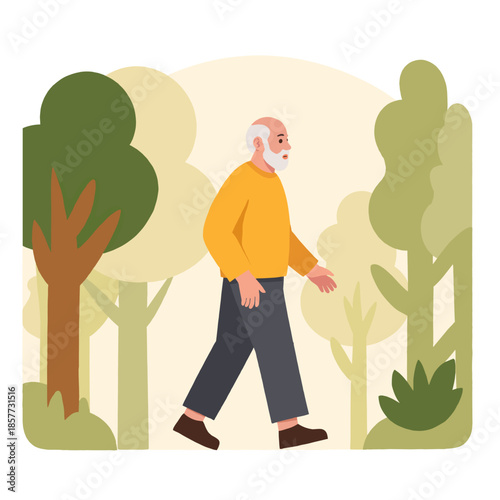 retiree walking in park. Elderly person strolling outdoors. Senior enjoying walk among trees. Mature adult spending time in nature. Elderly set