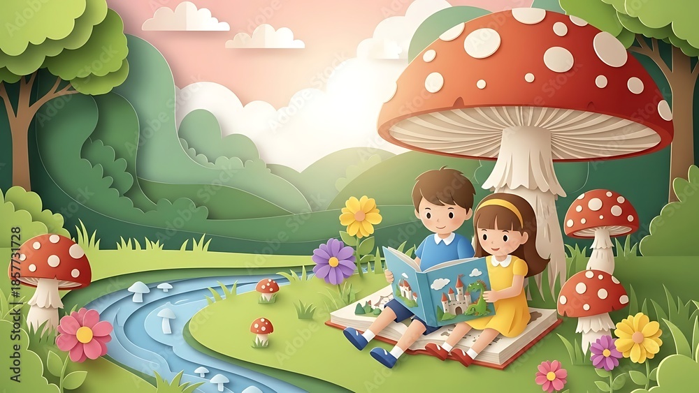 Obraz premium Children Reading in Enchanted Forest with Mushrooms