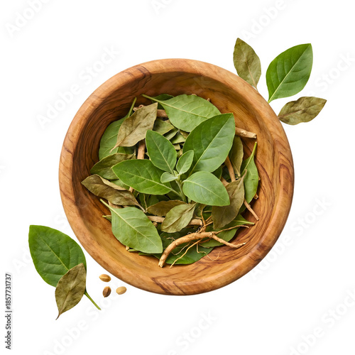 Dried ashwagandha leaves in a wooden bowl isolated on transparent background