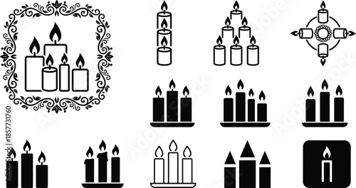 Collection of black candle icons and funeral symbols featuring various flame designs floral frames and spiritual wax lighting elements for memorial.