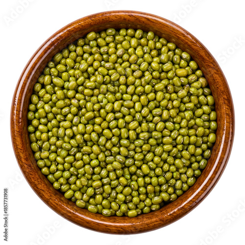 Whole green moong beans in wooden bowl isolated on transparent background
