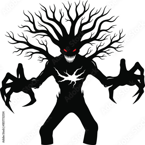 Dark horror creature, sinister monster, fantasy demon, scary humanoid figure, twisted tree limbs, glowing red eyes, sharp teeth, supernatural menace, nightmare