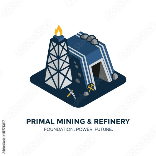 Mining Refinery Illustration with Tools and Flame.