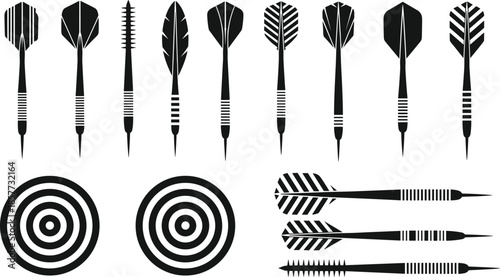 Darts, dartboard, black and white vector set, isolated icons, game equipment, target sport, feathered flights, competition, accuracy, precision