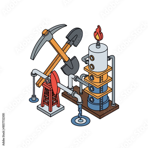 Industrial Equipment with Pickaxe and Furnace.
