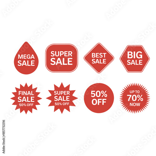 Red Promotional Sale Badges Set - Mega Sale, Super Sale, and 50% Off Discount Stickers